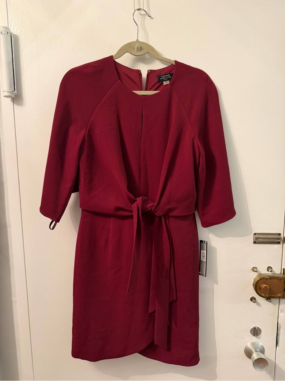Tahari ASL Burgundy Tie-Front Long Sleeve Sheath Dress